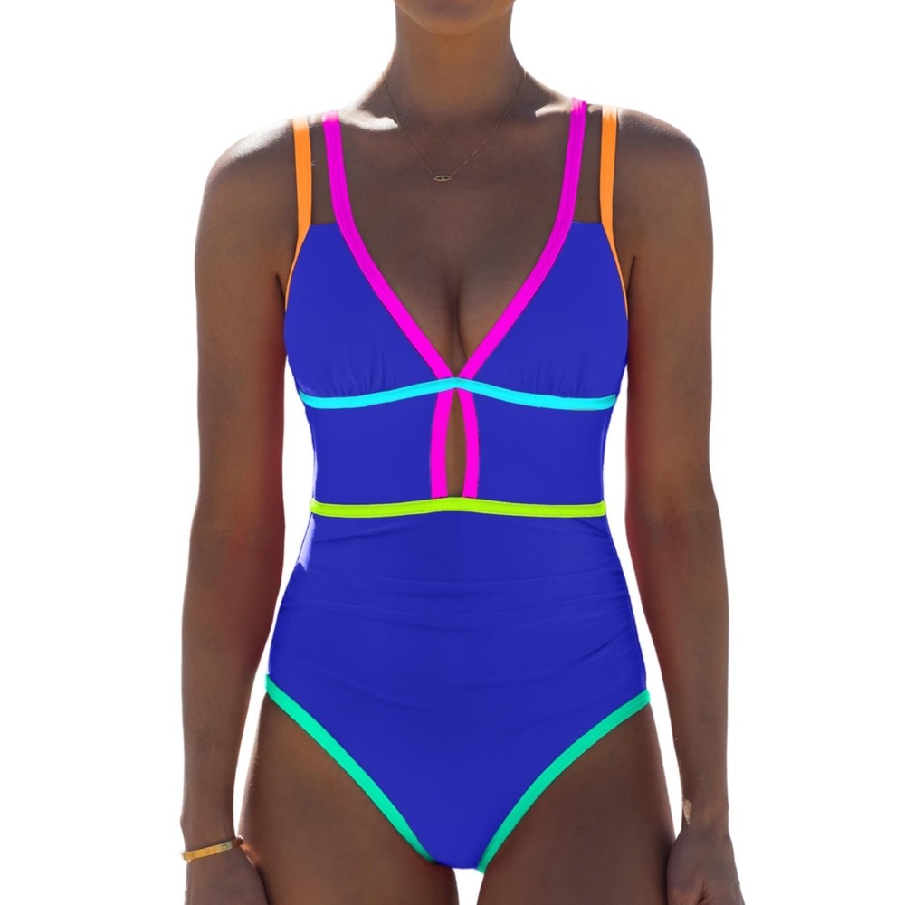 NWT Popvil One Piece Swimsuit‎ Tummy Control Neon Color Block Cutout XL